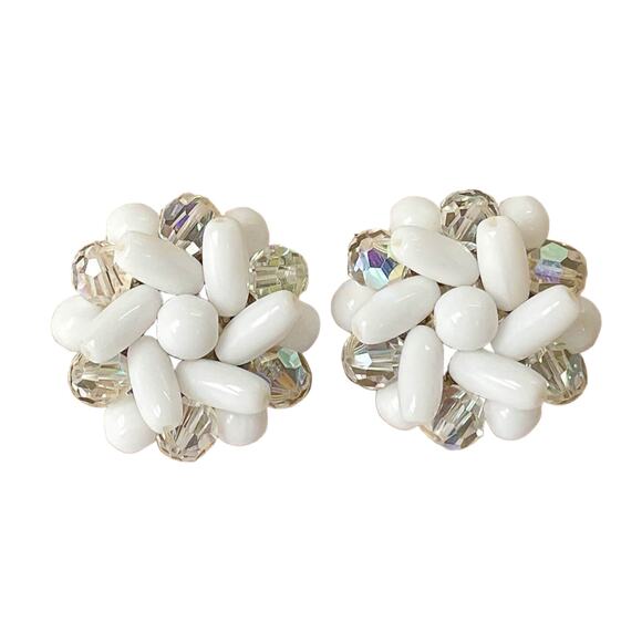 1960s Germany Milk Glass & AB Crystal Beaded Cluster Starburst Clip Earring - Picture 1 of 3